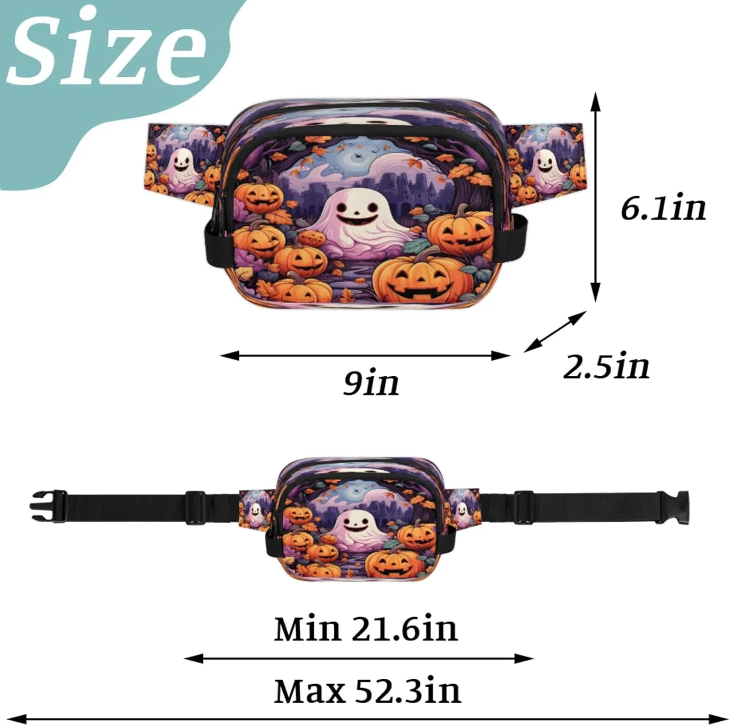 Spooky Pumpkins Waterproof Unisex Square Fanny Pack, Adjustable Waist Bag with Pockets, Sturdy Lightweight Crossbody Bag for Travel, Running, Hiking (9x6.1x2.5 Inches)