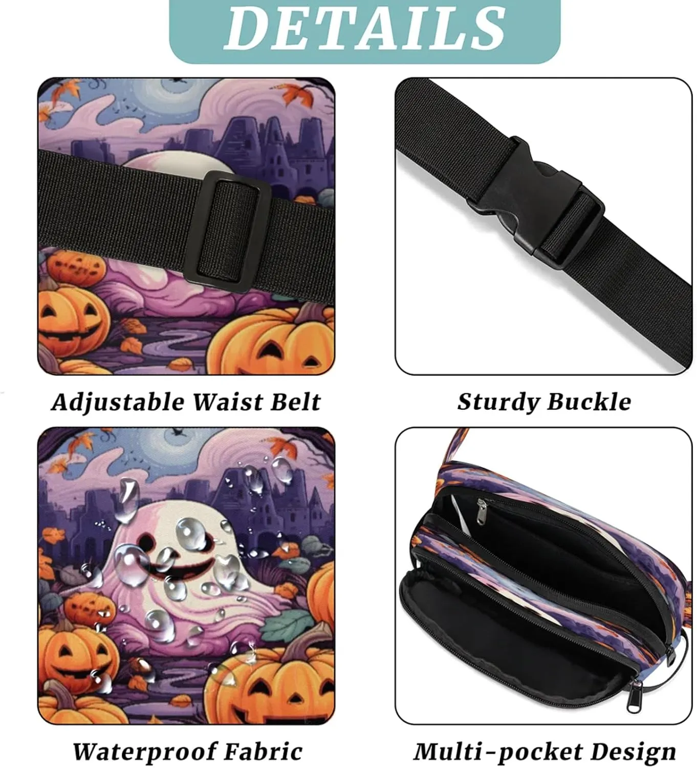 Spooky Pumpkins Waterproof Unisex Square Fanny Pack, Adjustable Waist Bag with Pockets, Sturdy Lightweight Crossbody Bag for Travel, Running, Hiking (9x6.1x2.5 Inches)