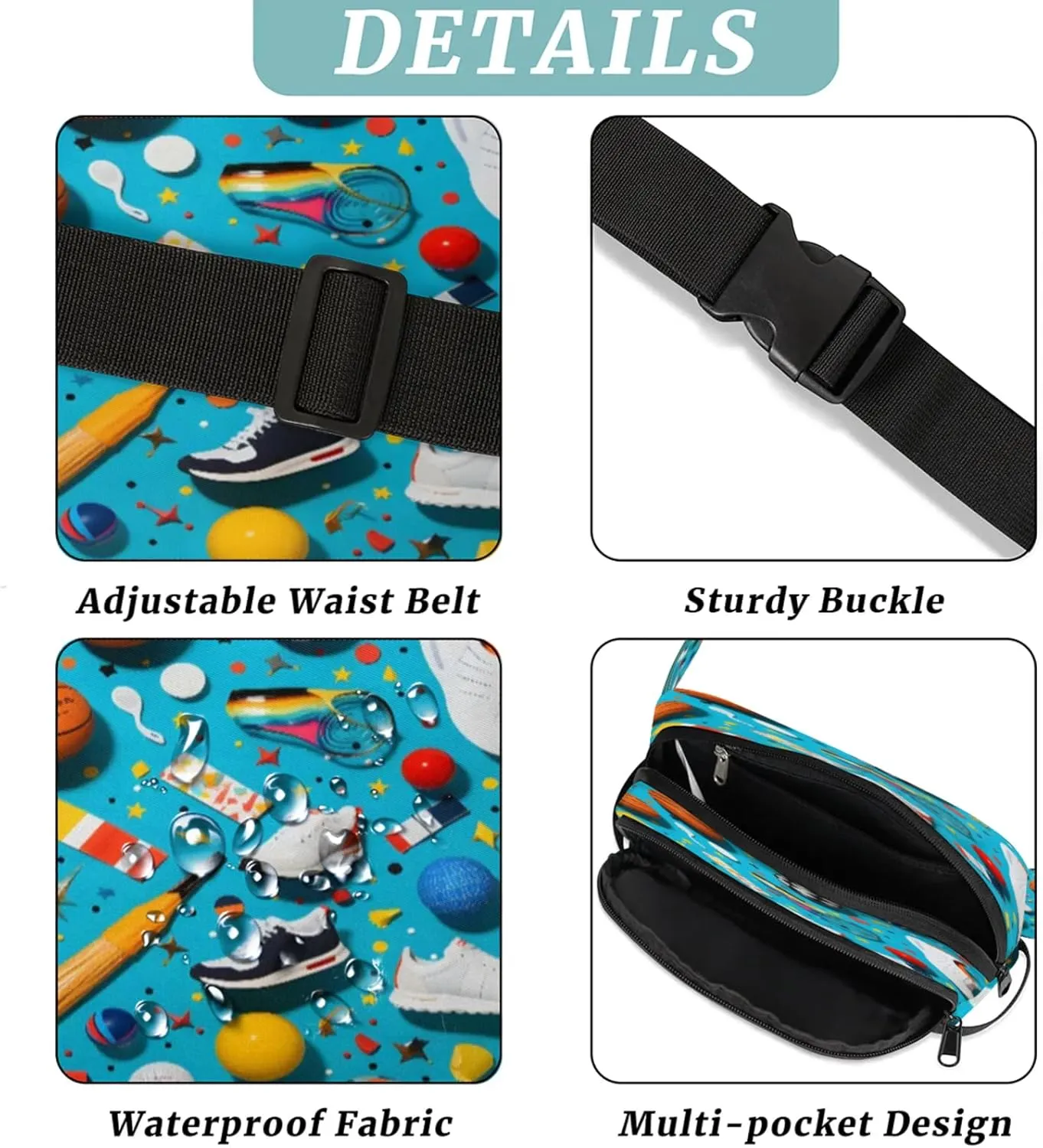 Sport Fiesta Waterproof Unisex Square Fanny Pack, Adjustable Waist Bag with Pockets, Sturdy Lightweight Crossbody Bag for Travel, Running, Hiking (9x6.1x2.5 Inches)