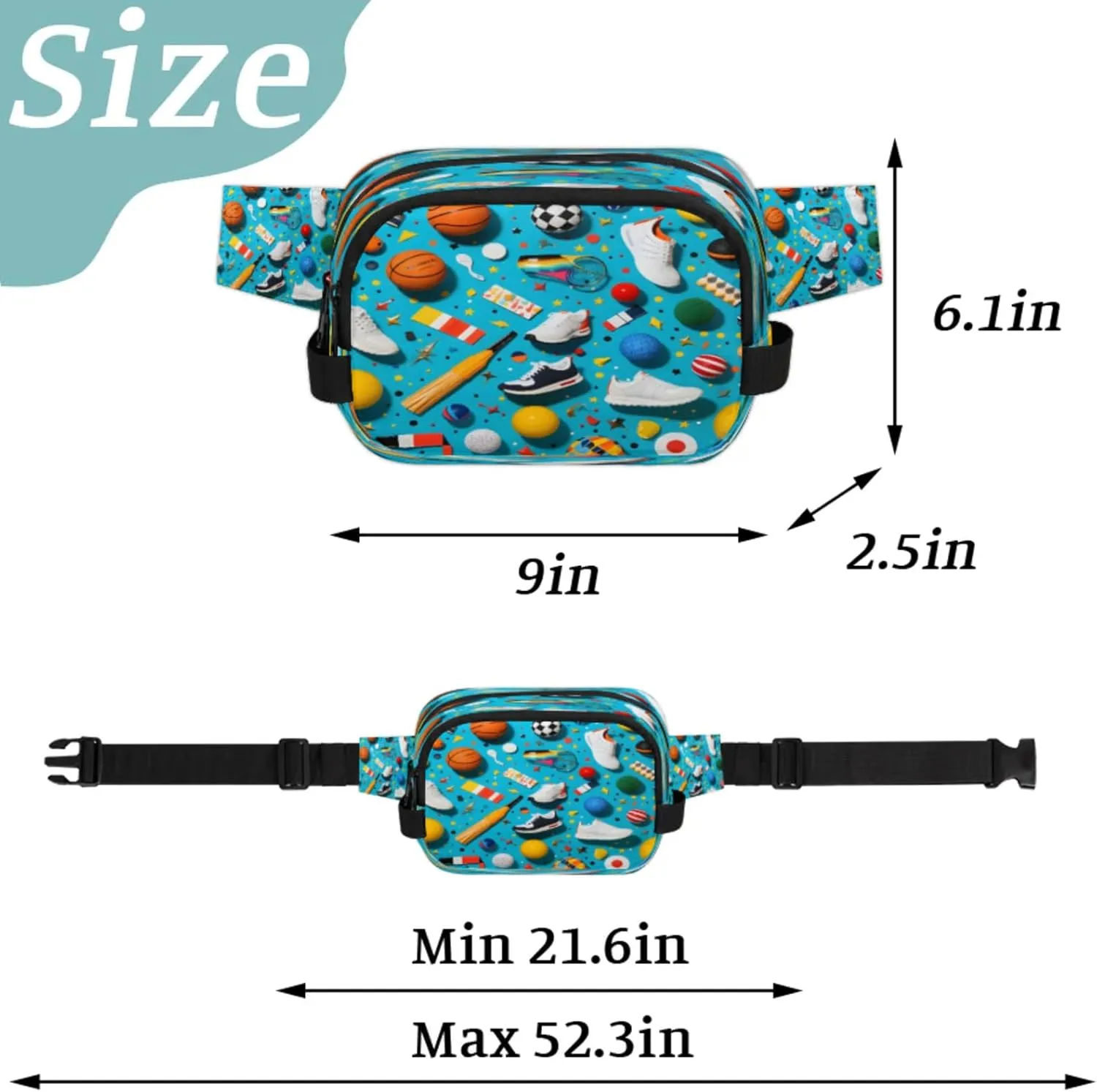 Sport Fiesta Waterproof Unisex Square Fanny Pack, Adjustable Waist Bag with Pockets, Sturdy Lightweight Crossbody Bag for Travel, Running, Hiking (9x6.1x2.5 Inches)