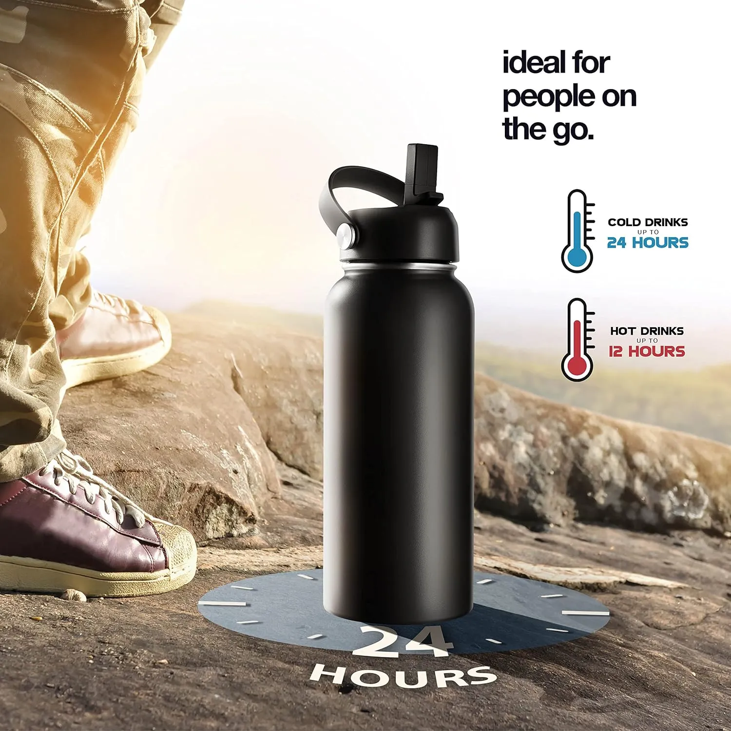 Stainless Steel Insulated Water Bottle and Travel Mug for Hot and Cold Beverages, Wide Mouth, Double Wall Insulated Hydration Sports Water Bottle for Hiking, Biking, Outdoor, 40 OZ BPA Free