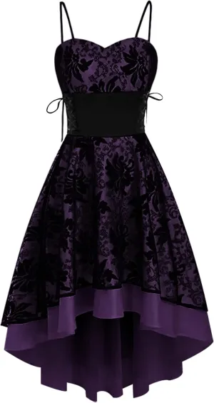 Steampunk Gothic High Low Dress for Women Vintage Floral Lace Dress Spaghetti Strap Lolita Dress Lace Up Corset Dresses