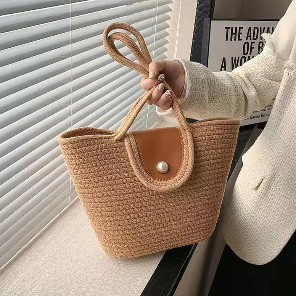 Straw Woven Tote Women Shoulder Bag Satchel Retro Handmade Handbag Large Capacity Purse Summer Beach Travel Daily Totes Khaki