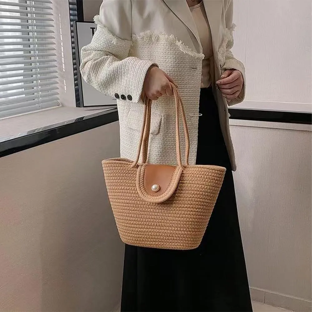 Straw Woven Tote Women Shoulder Bag Satchel Retro Handmade Handbag Large Capacity Purse Summer Beach Travel Daily Totes Khaki