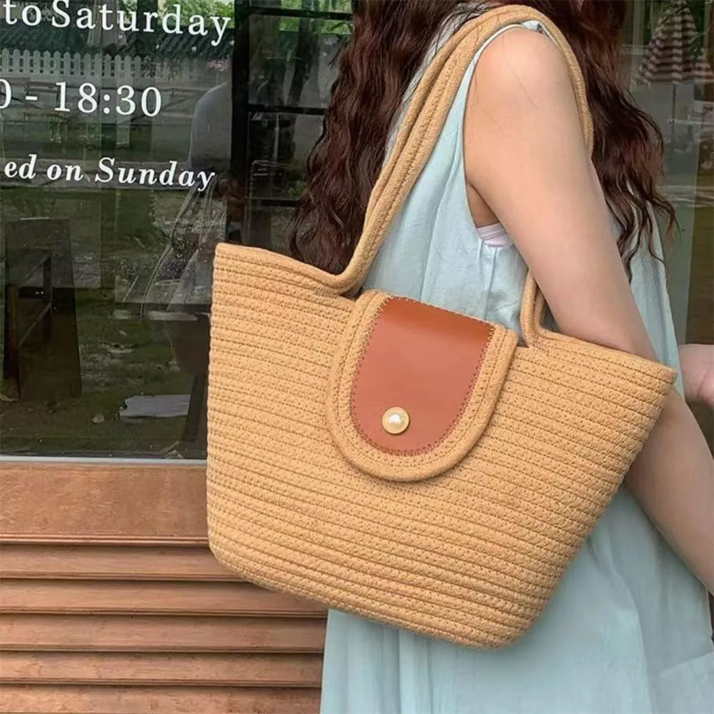 Straw Woven Tote Women Shoulder Bag Satchel Retro Handmade Handbag Large Capacity Purse Summer Beach Travel Daily Totes Khaki