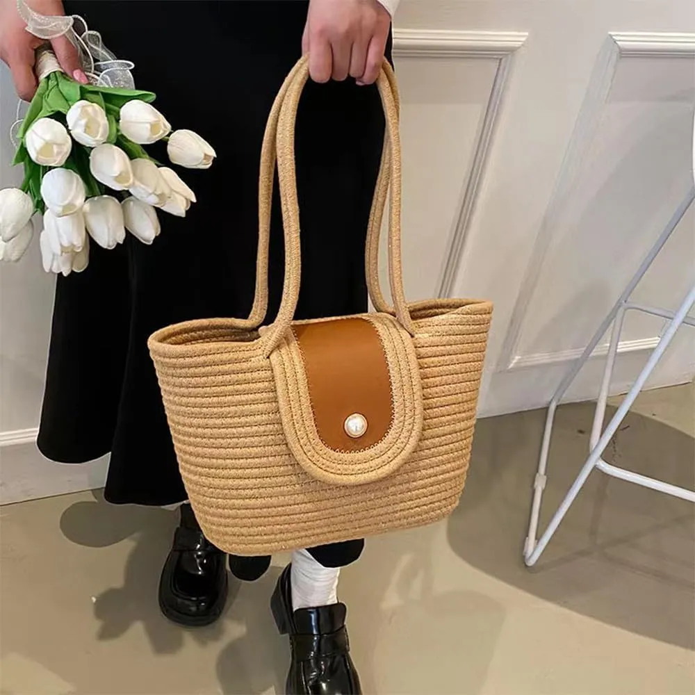 Straw Woven Tote Women Shoulder Bag Satchel Retro Handmade Handbag Large Capacity Purse Summer Beach Travel Daily Totes Khaki