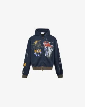 Street Graffiti Print Loose Zip-up Hoodie "Blue"