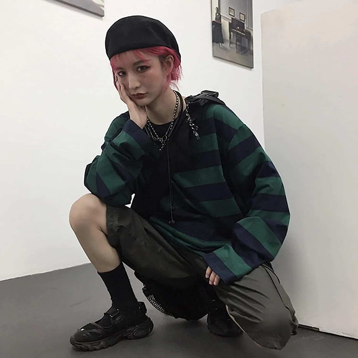 Striped Crewneck Long-Sleeve T-Shirt Alt Pullover Emo Shirt Punk Japanese Harajuku Streetwear