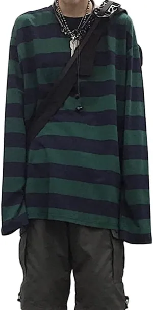 Striped Crewneck Long-Sleeve T-Shirt Alt Pullover Emo Shirt Punk Japanese Harajuku Streetwear