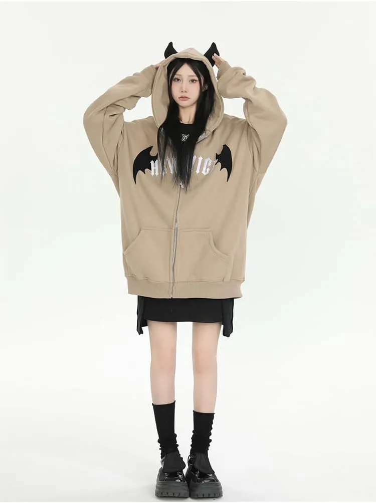 Sumleno Devil Horn Zip Up Hoodie Women Y2K Clothing Oversized Emo Alt Hooded Sweatshirt Punk Goth Aesthetic Grunge Pullover