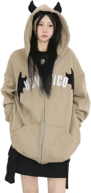 Sumleno Devil Horn Zip Up Hoodie Women Y2K Clothing Oversized Emo Alt Hooded Sweatshirt Punk Goth Aesthetic Grunge Pullover