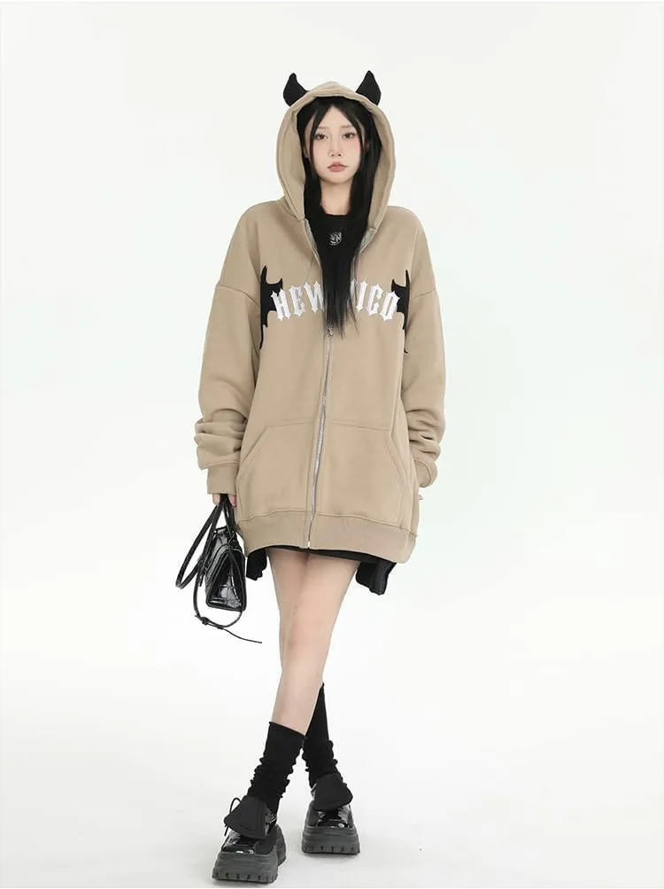 Sumleno Devil Horn Zip Up Hoodie Women Y2K Clothing Oversized Emo Alt Hooded Sweatshirt Punk Goth Aesthetic Grunge Pullover