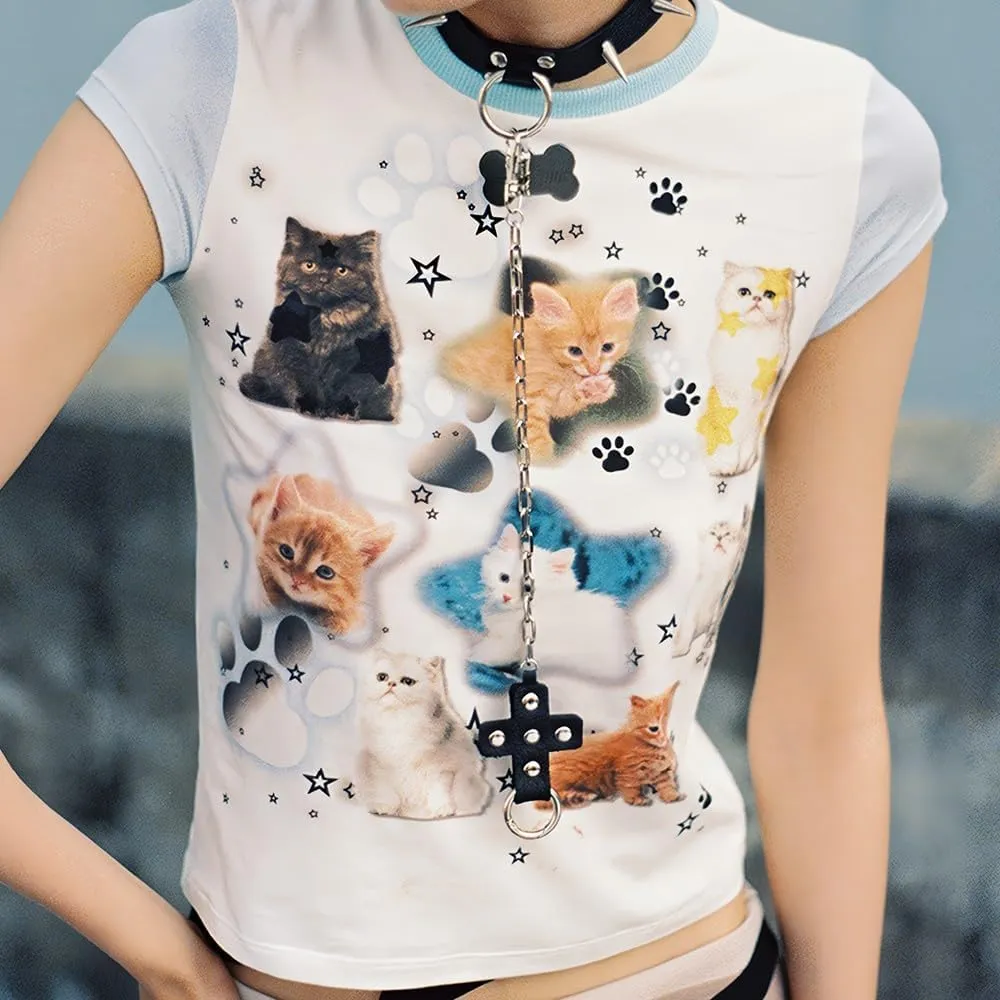 Summer Women's Cute Kawaii Harajuku Y2K Cartoon White Crop Tee Short Sleeve T-Shirt Cat Print Casual Cotton Top