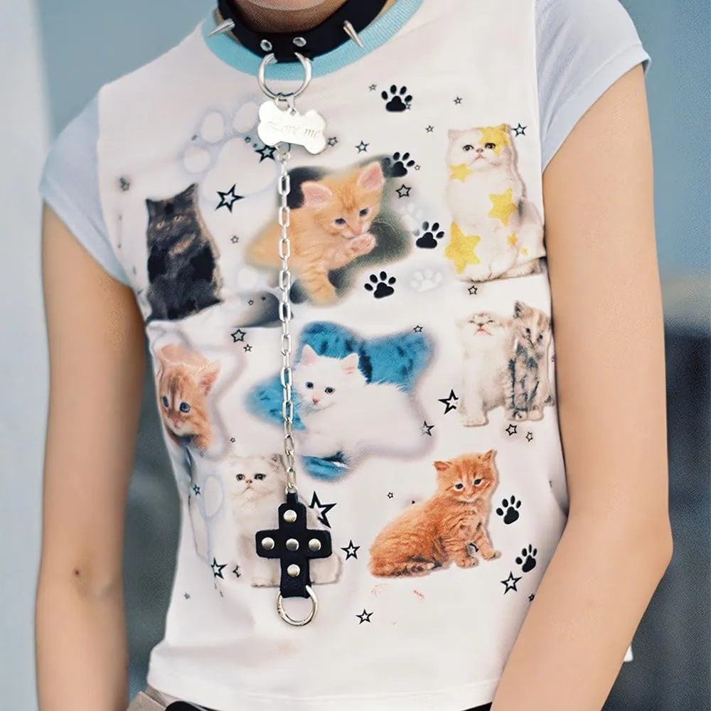 Summer Women's Cute Kawaii Harajuku Y2K Cartoon White Crop Tee Short Sleeve T-Shirt Cat Print Casual Cotton Top