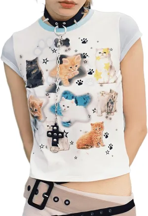 Summer Women's Cute Kawaii Harajuku Y2K Cartoon White Crop Tee Short Sleeve T-Shirt Cat Print Casual Cotton Top