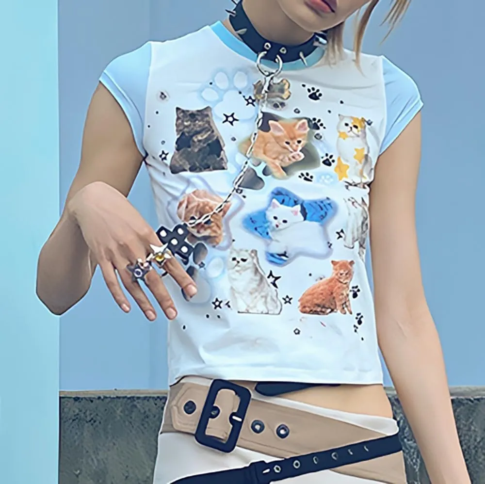 Summer Women's Cute Kawaii Harajuku Y2K Cartoon White Crop Tee Short Sleeve T-Shirt Cat Print Casual Cotton Top