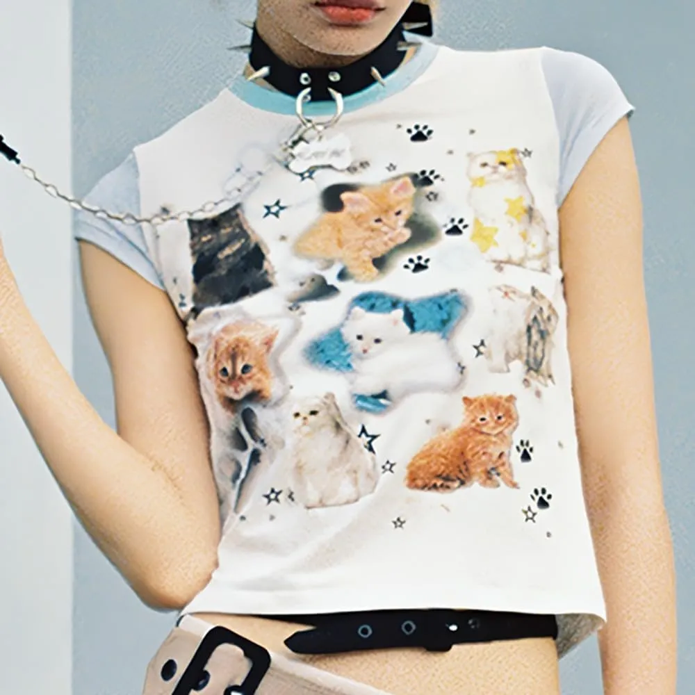 Summer Women's Cute Kawaii Harajuku Y2K Cartoon White Crop Tee Short Sleeve T-Shirt Cat Print Casual Cotton Top
