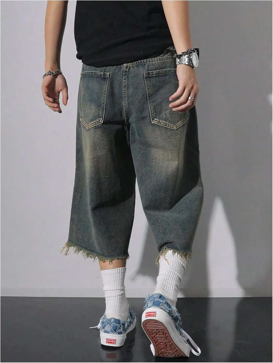 SweatyRocks Men's Ripped Wide Leg Cropped Jeans Raw High Waist Loose Denim Pants Streetwear