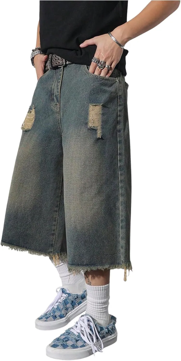 SweatyRocks Men's Ripped Wide Leg Cropped Jeans Raw High Waist Loose Denim Pants Streetwear