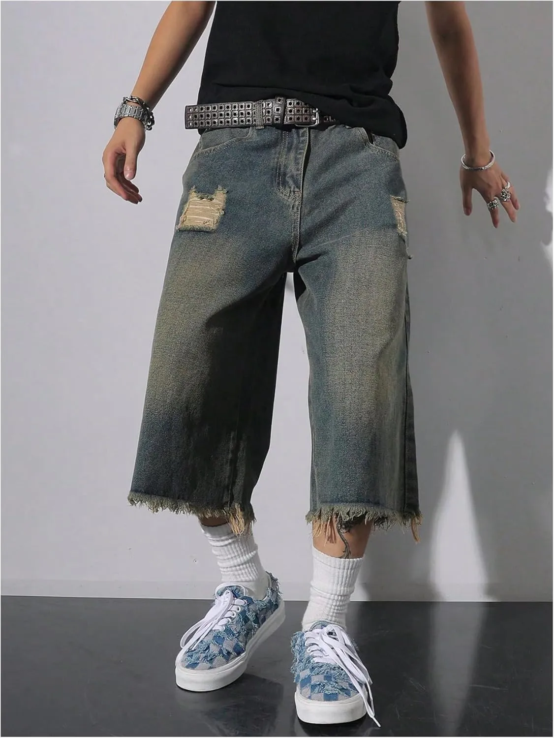 SweatyRocks Men's Ripped Wide Leg Cropped Jeans Raw High Waist Loose Denim Pants Streetwear