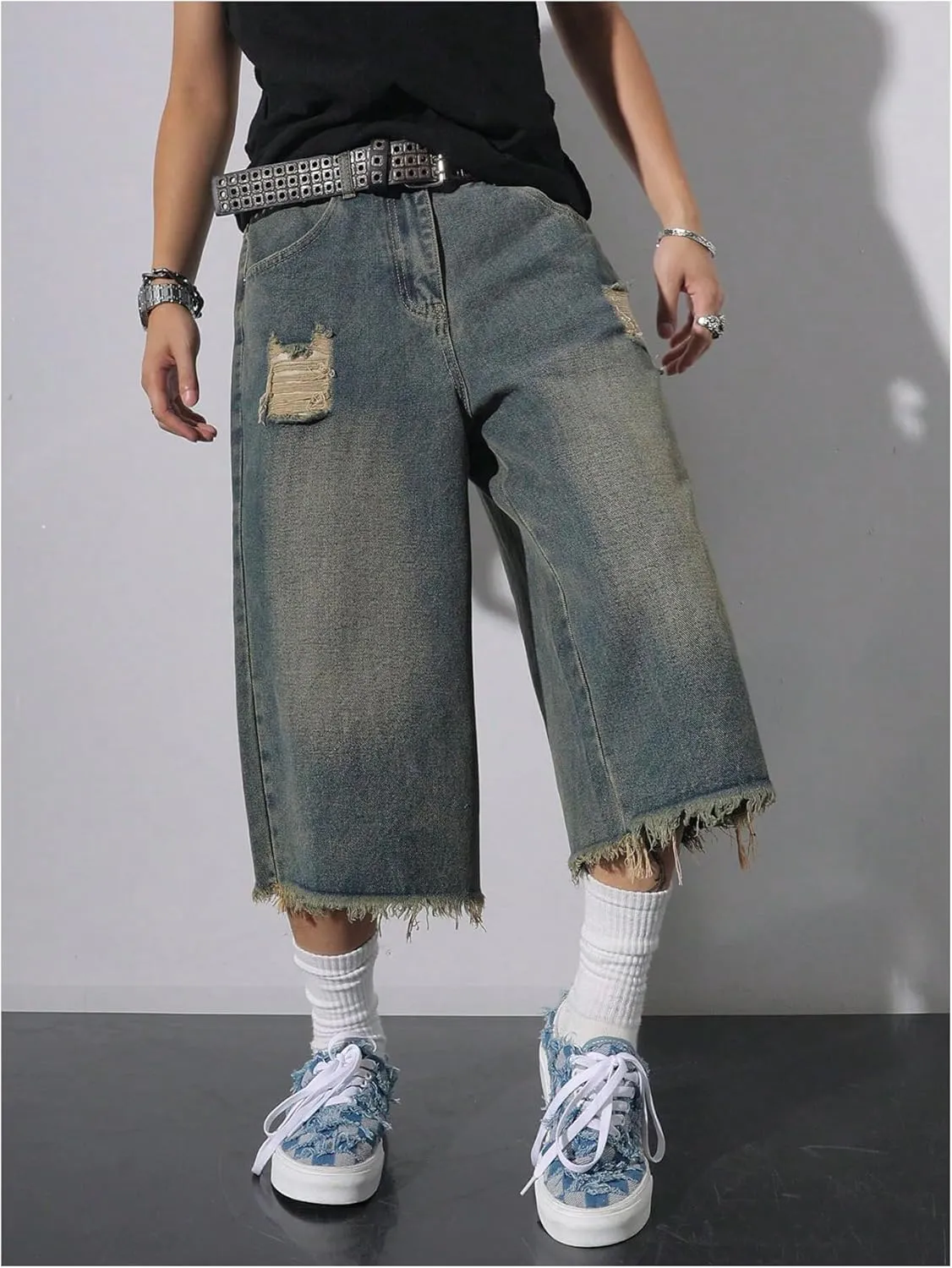 SweatyRocks Men's Ripped Wide Leg Cropped Jeans Raw High Waist Loose Denim Pants Streetwear