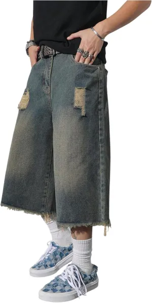 SweatyRocks Men's Ripped Wide Leg Cropped Jeans Raw High Waist Loose Denim Pants Streetwear