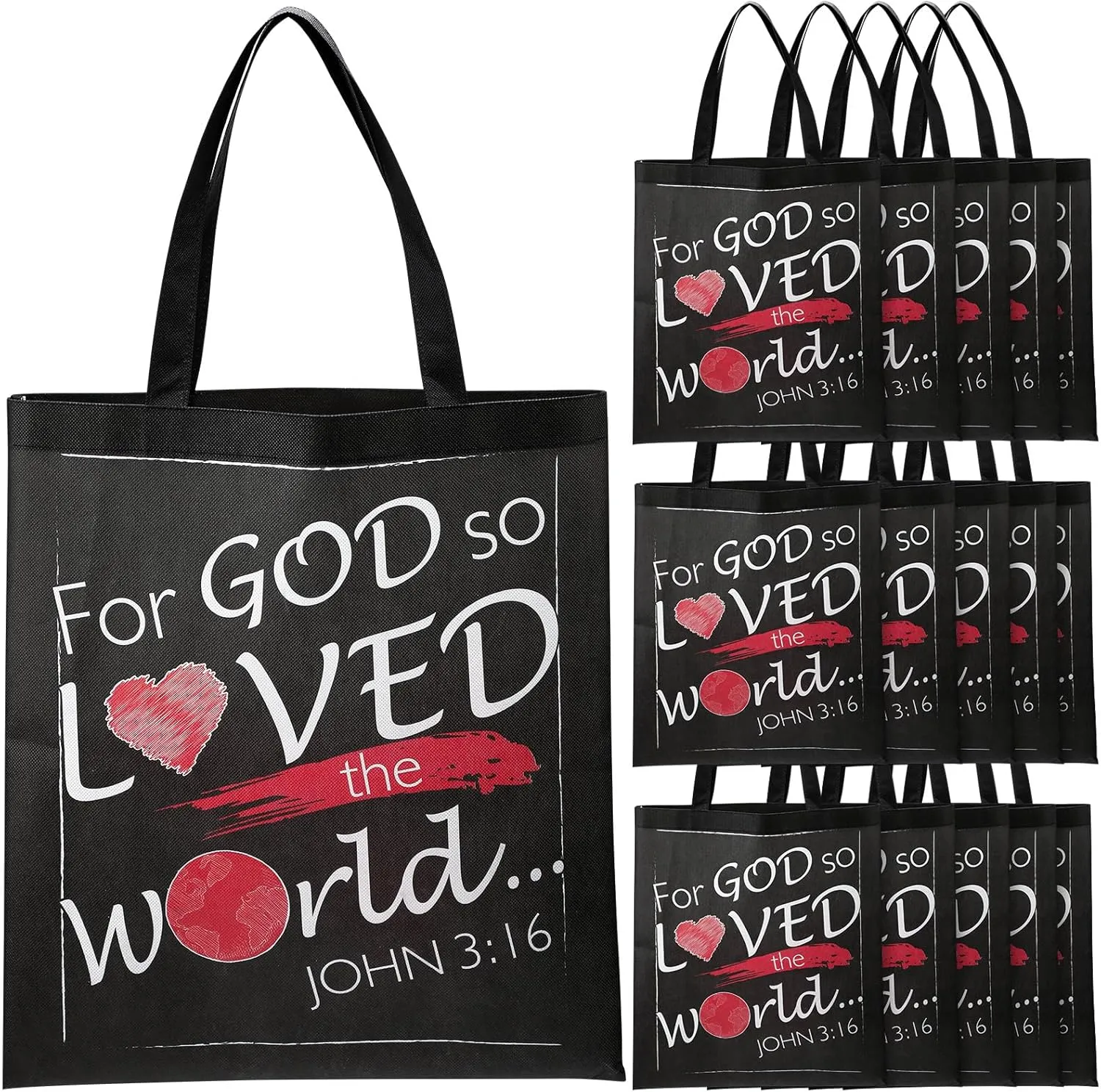Sweetude 24 Pcs John 3: 16 Totes Bag 15 x 17 Inch Large Non Woven VBS Sunday School Bags Religious Gift Bible Verse Tote for God So Loved the World for Home School Party Favor