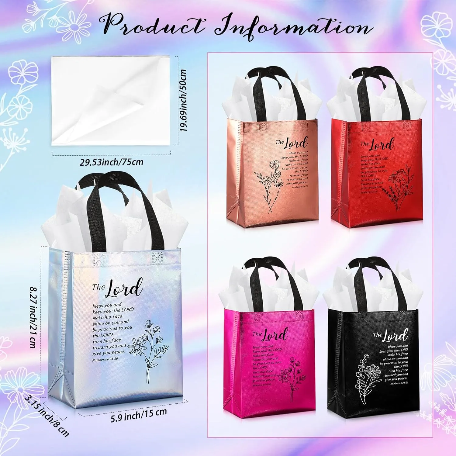Sweetude 50 Set Christian Gift Bags with Tissue Paper, Non Woven Church Welcome Totes for Fathers Day, Medium Floral Bible Verse Bags with Handle,Religious Totes for Women, Church Visitors, VBS