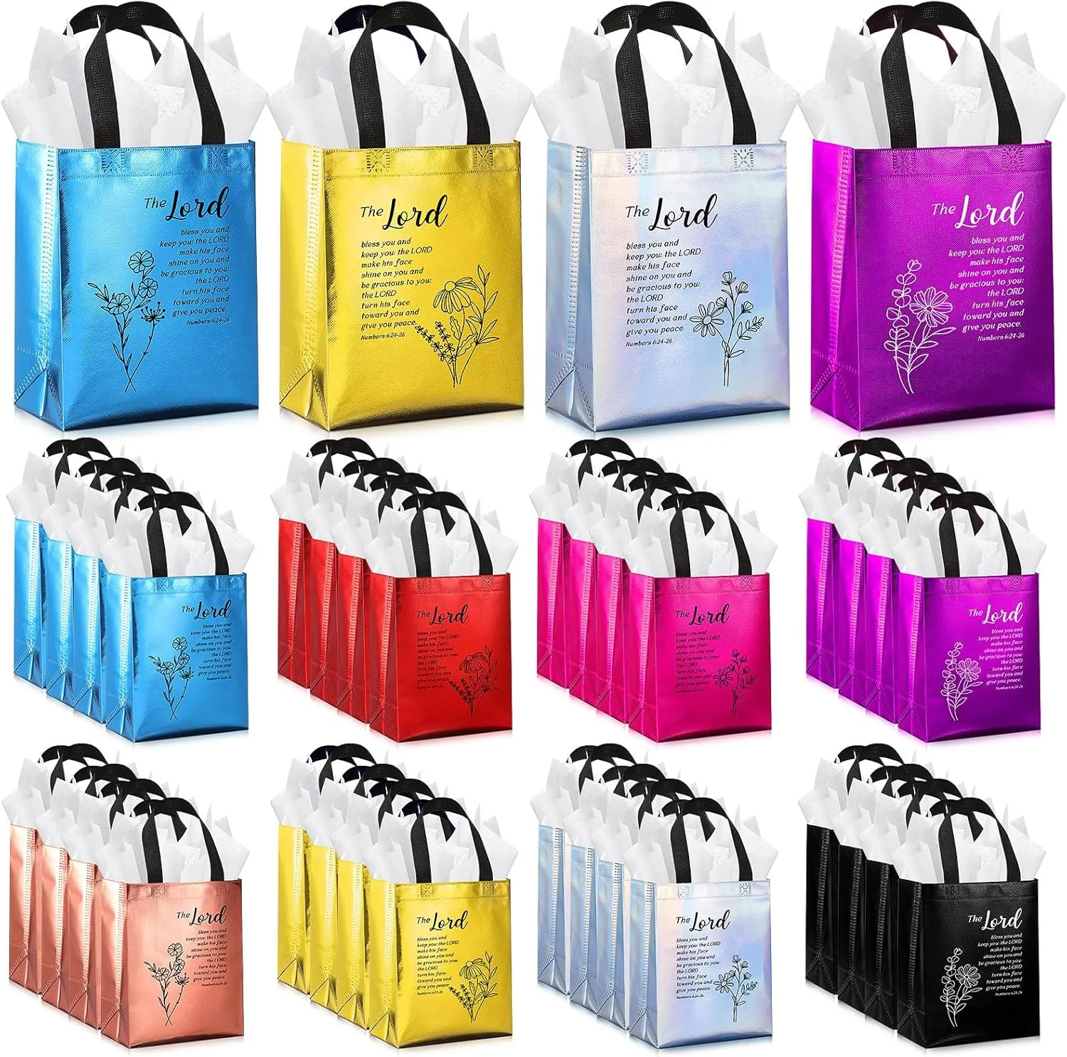 Sweetude 50 Set Christian Gift Bags with Tissue Paper, Non Woven Church Welcome Totes for Fathers Day, Medium Floral Bible Verse Bags with Handle,Religious Totes for Women, Church Visitors, VBS