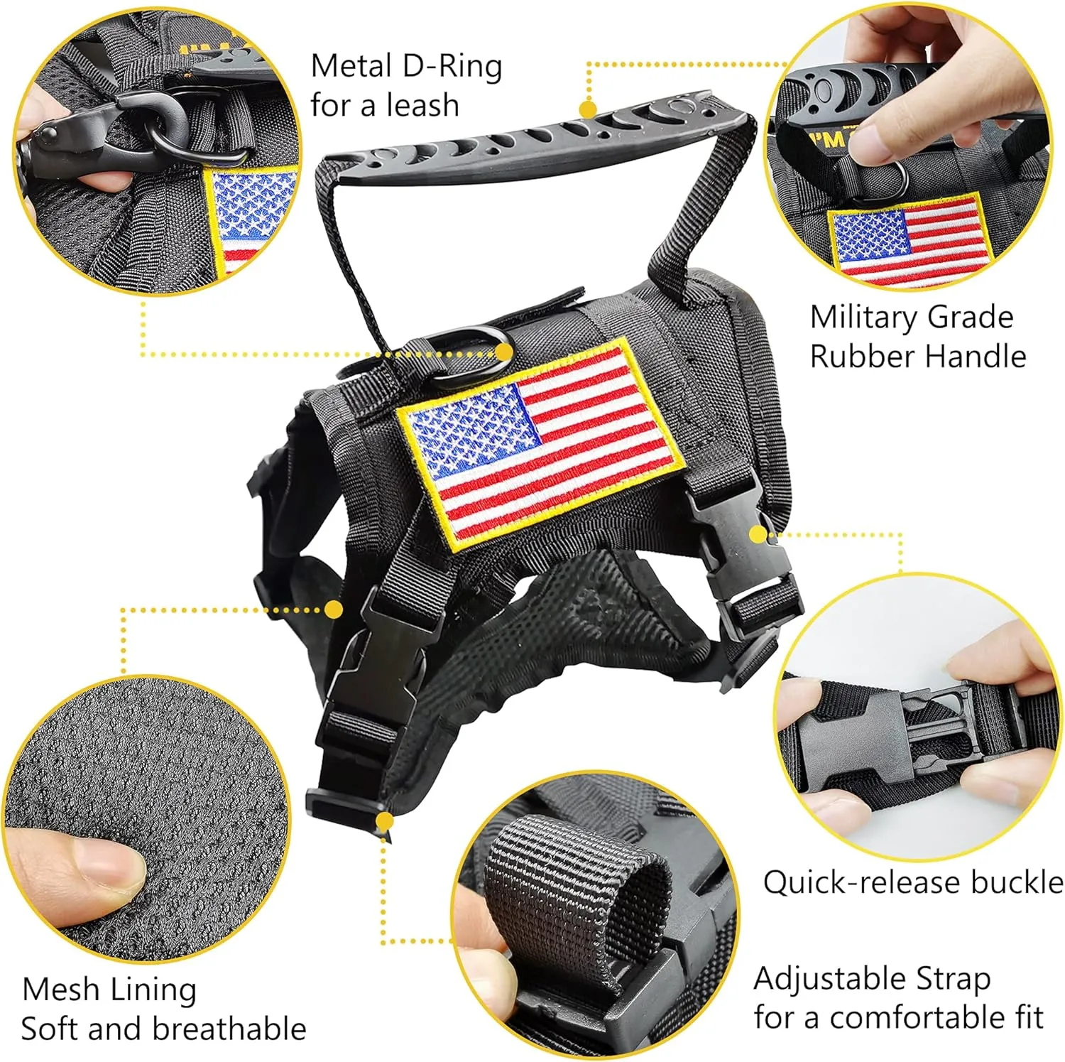 Tactical Cat Harness and Leash for Walking Escape Proof, Adjustable Military K9 Pet Vest Harness Easy Control for Large Cat, Puppy and Small Dog (Black)