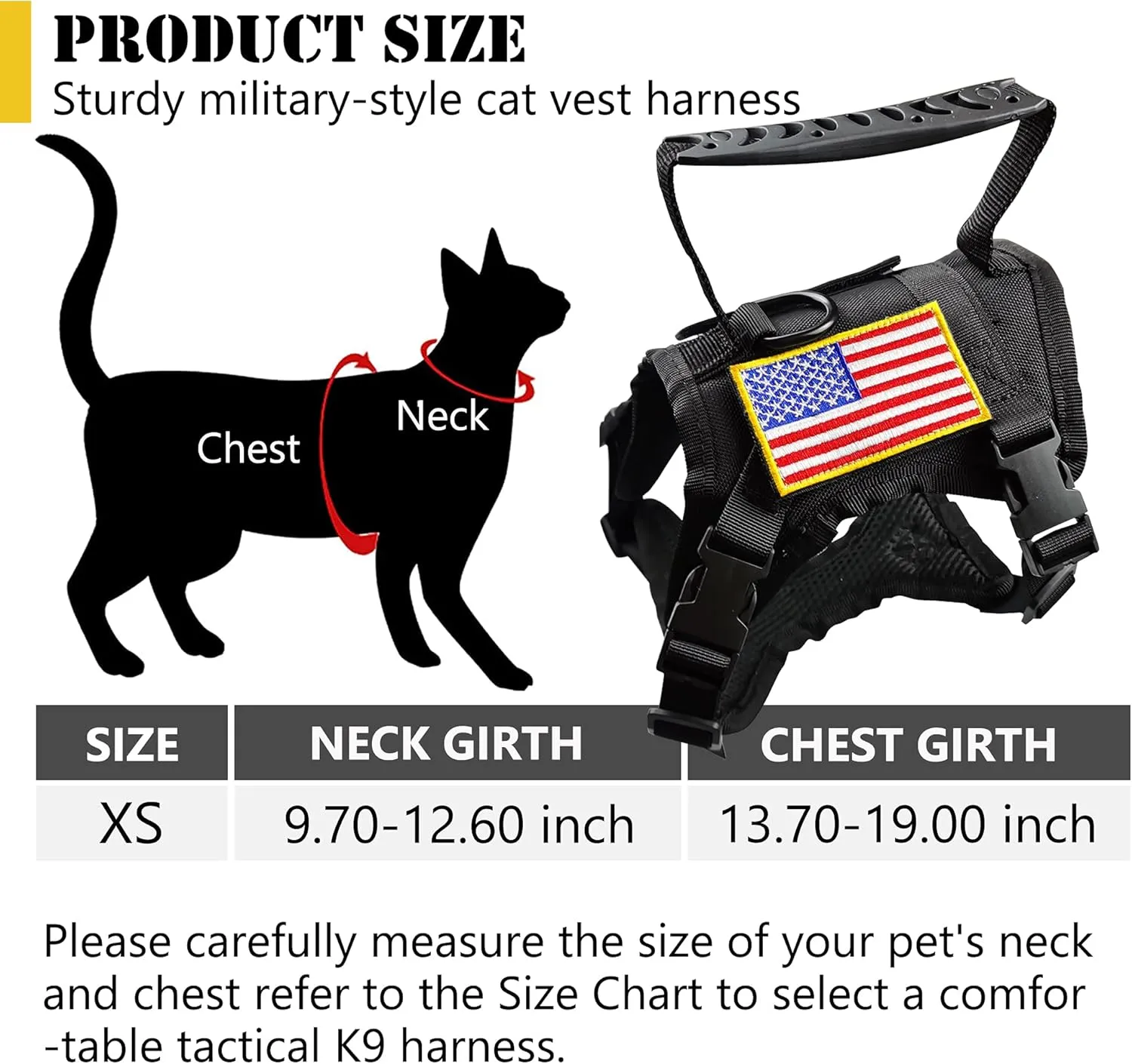 Tactical Cat Harness and Leash for Walking Escape Proof, Adjustable Military K9 Pet Vest Harness Easy Control for Large Cat, Puppy and Small Dog (Black)