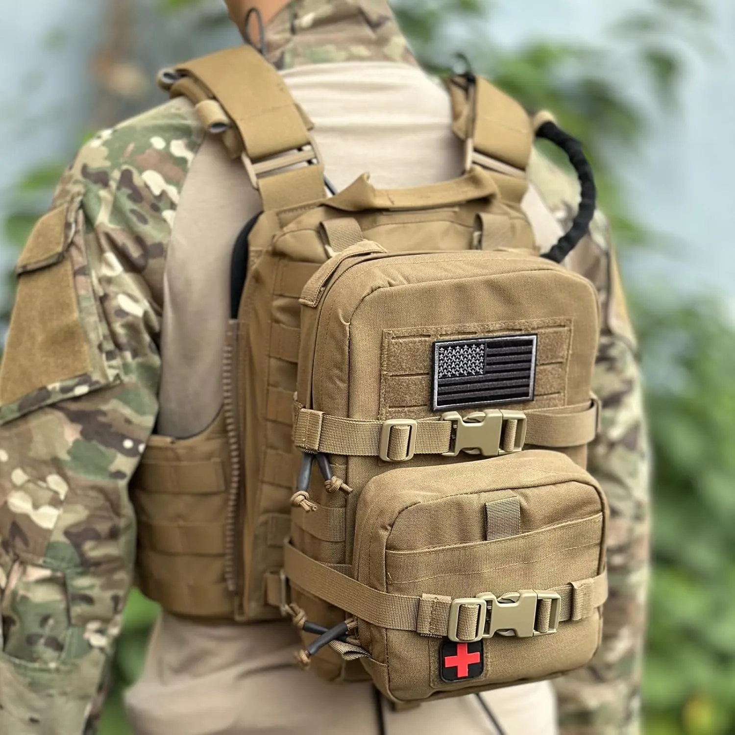 Tactical Mini Molle Hydration Pack,Molle Hydration Carrier with IFAK Pouch&US Flag&Med Patch,Hydropack for 2L Water Bladder