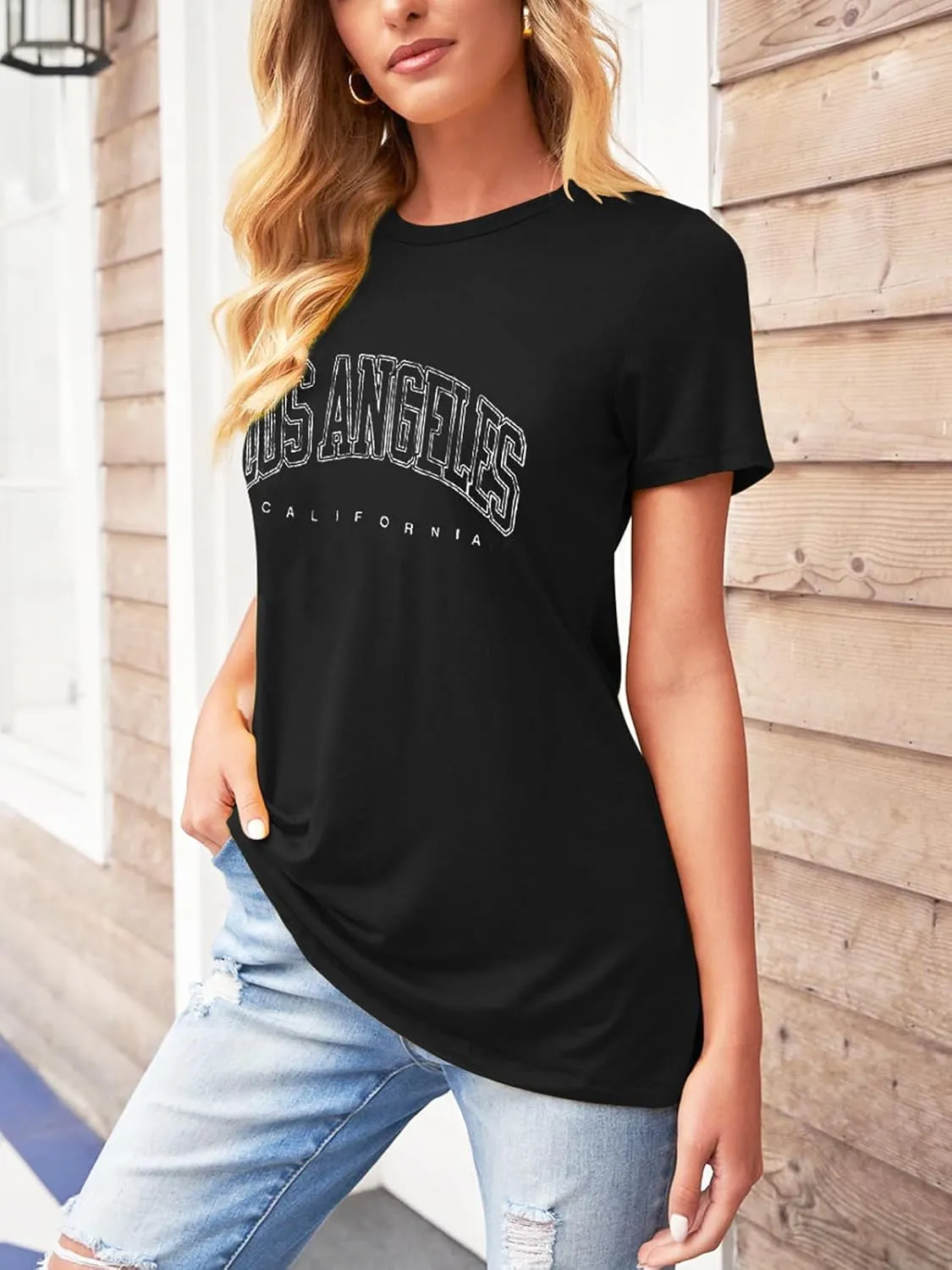 TAKEYAL Women Los Angeles Graphic T Shirts California Letter Print Short Sleeve Tee Loose Casual Tops