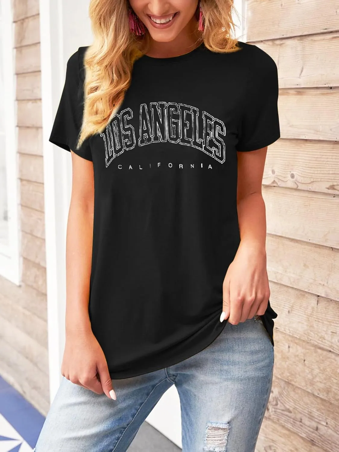 TAKEYAL Women Los Angeles Graphic T Shirts California Letter Print Short Sleeve Tee Loose Casual Tops