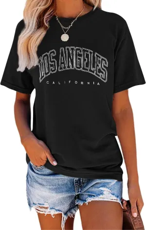 TAKEYAL Women Los Angeles Graphic T Shirts California Letter Print Short Sleeve Tee Loose Casual Tops