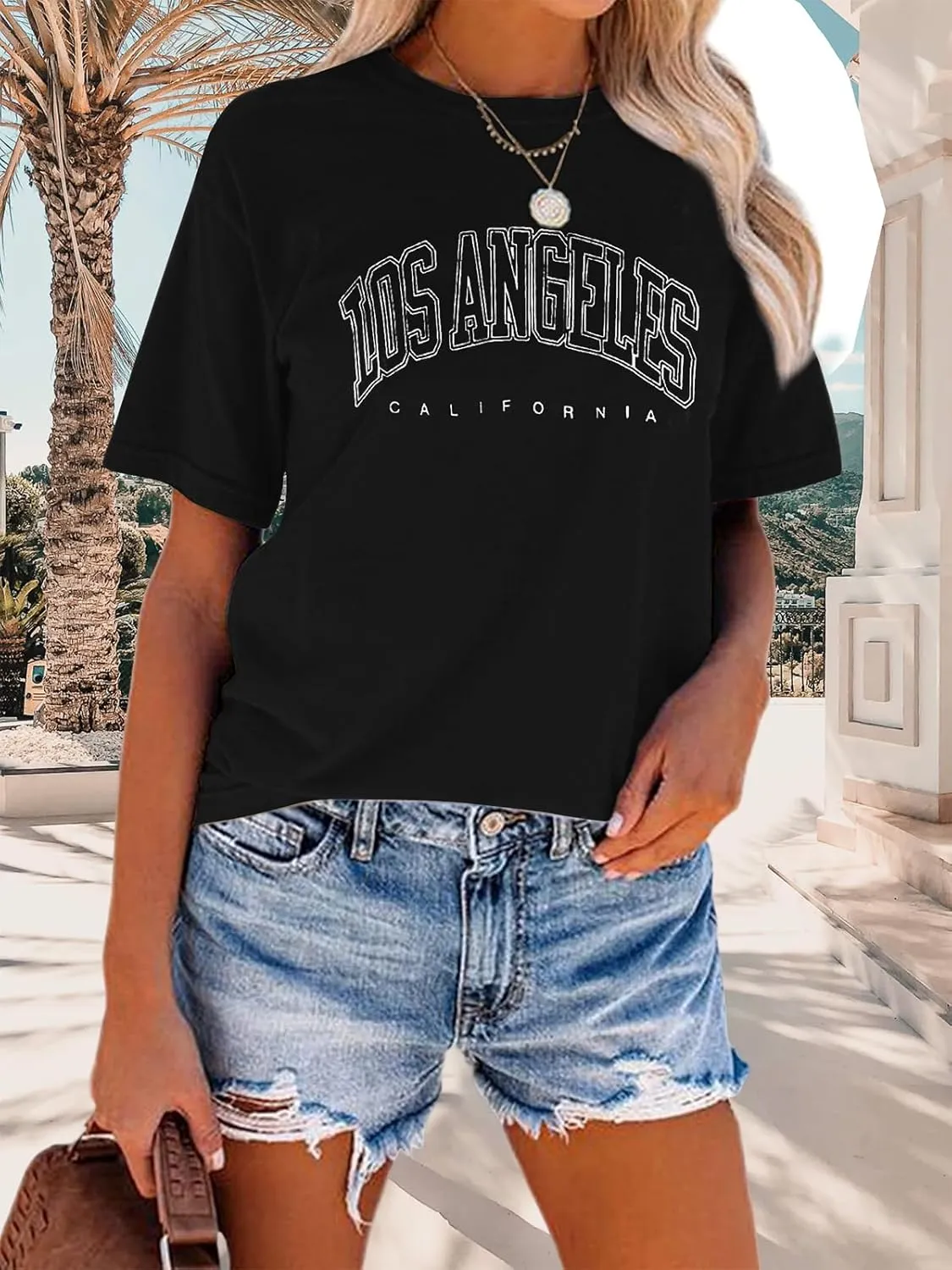 TAKEYAL Women Los Angeles Graphic T Shirts California Letter Print Short Sleeve Tee Loose Casual Tops