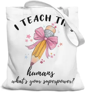 Teacher Tote Bag, Teacher Gifts for Women, Best Teacher Gifts, Teacher Appreciation Gifts, Funny Teacher Gifts, Coquette Pink Bow Teacher Canvas Tote Bag, Grocery Bags Reusable Shopping Bags