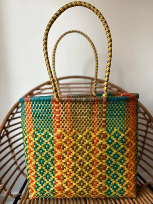 Teal, Burnt Orange and Yellow Woven Tote