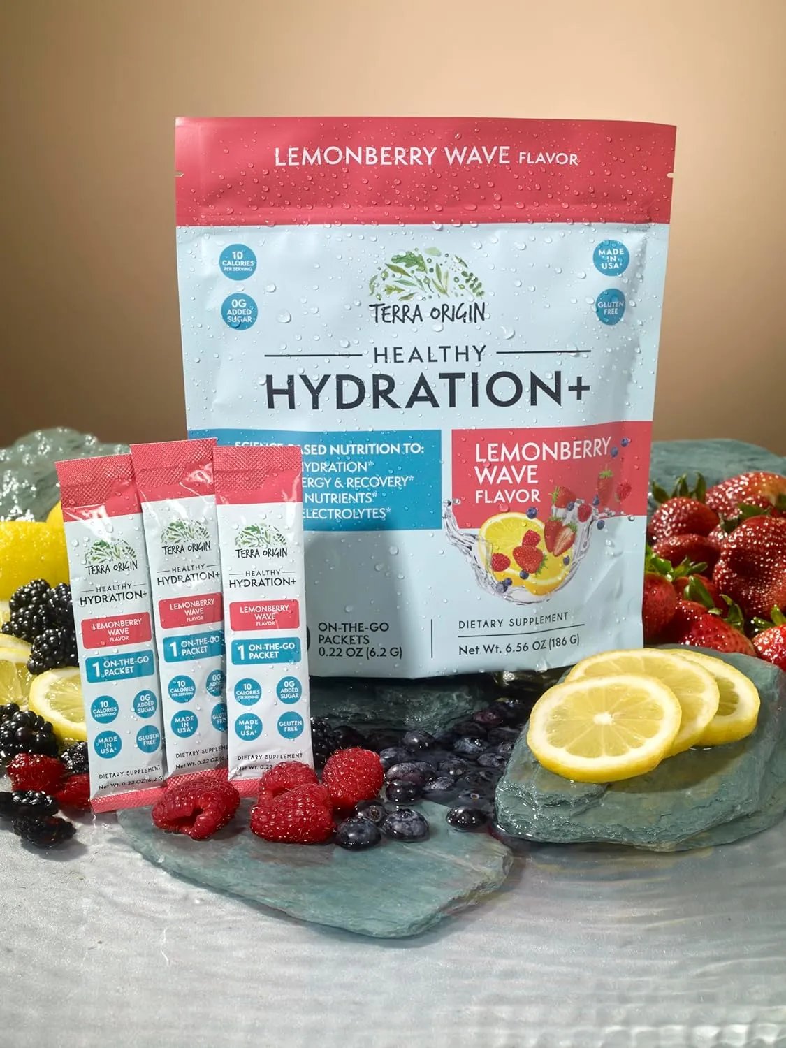 TERRA ORIGIN Healthy Hydration  Weekend Recovery | 30 Packets | Zero Sugar Powder Drink for Energy and Recovery | Lemonberry Wave