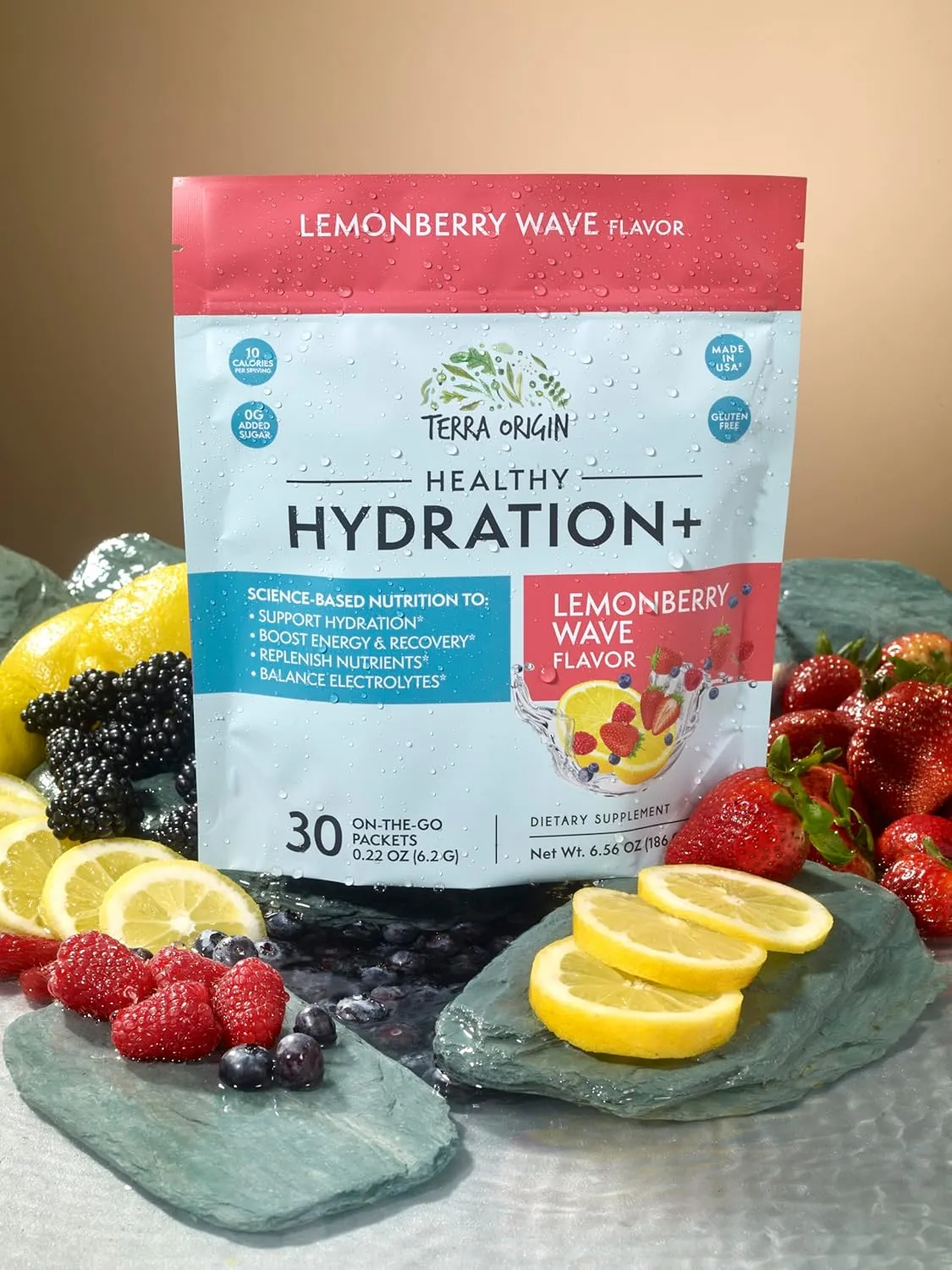 TERRA ORIGIN Healthy Hydration  Weekend Recovery | 30 Packets | Zero Sugar Powder Drink for Energy and Recovery | Lemonberry Wave