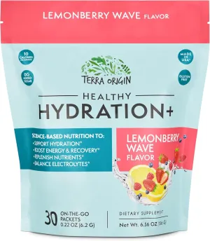 TERRA ORIGIN Healthy Hydration  Weekend Recovery | 30 Packets | Zero Sugar Powder Drink for Energy and Recovery | Lemonberry Wave