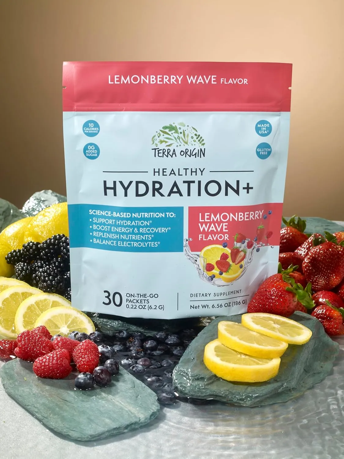 TERRA ORIGIN Healthy Hydration  Weekend Recovery | 30 Packets | Zero Sugar Powder Drink for Energy and Recovery | Lemonberry Wave