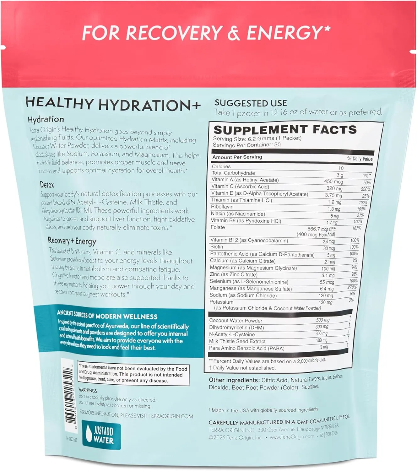 TERRA ORIGIN Healthy Hydration  Weekend Recovery | 30 Packets | Zero Sugar Powder Drink for Energy and Recovery | Lemonberry Wave