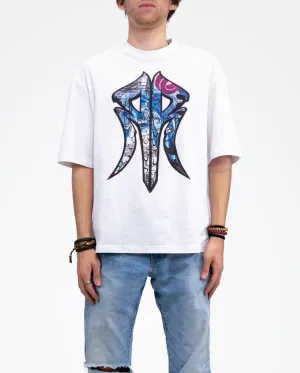 The Berlin: Oversized Designer Streetwear Tee with Road Rash Graffiti Logo White