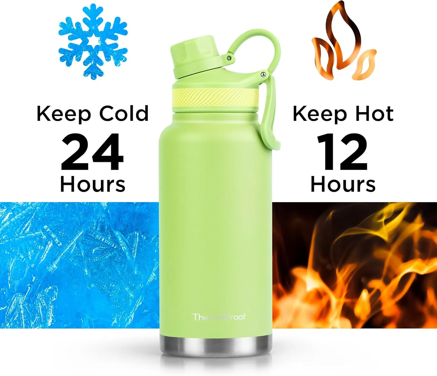 ThermoProof Double-Walled Vacuum Insulated Stainless Steel Water Bottle - Wide Mouth, Spout & Straw Lids, Dishwasher Safe, Reusable, Leakproof, Hot & Cold for Men, Women & Kids - 32oz, Fresh Mint