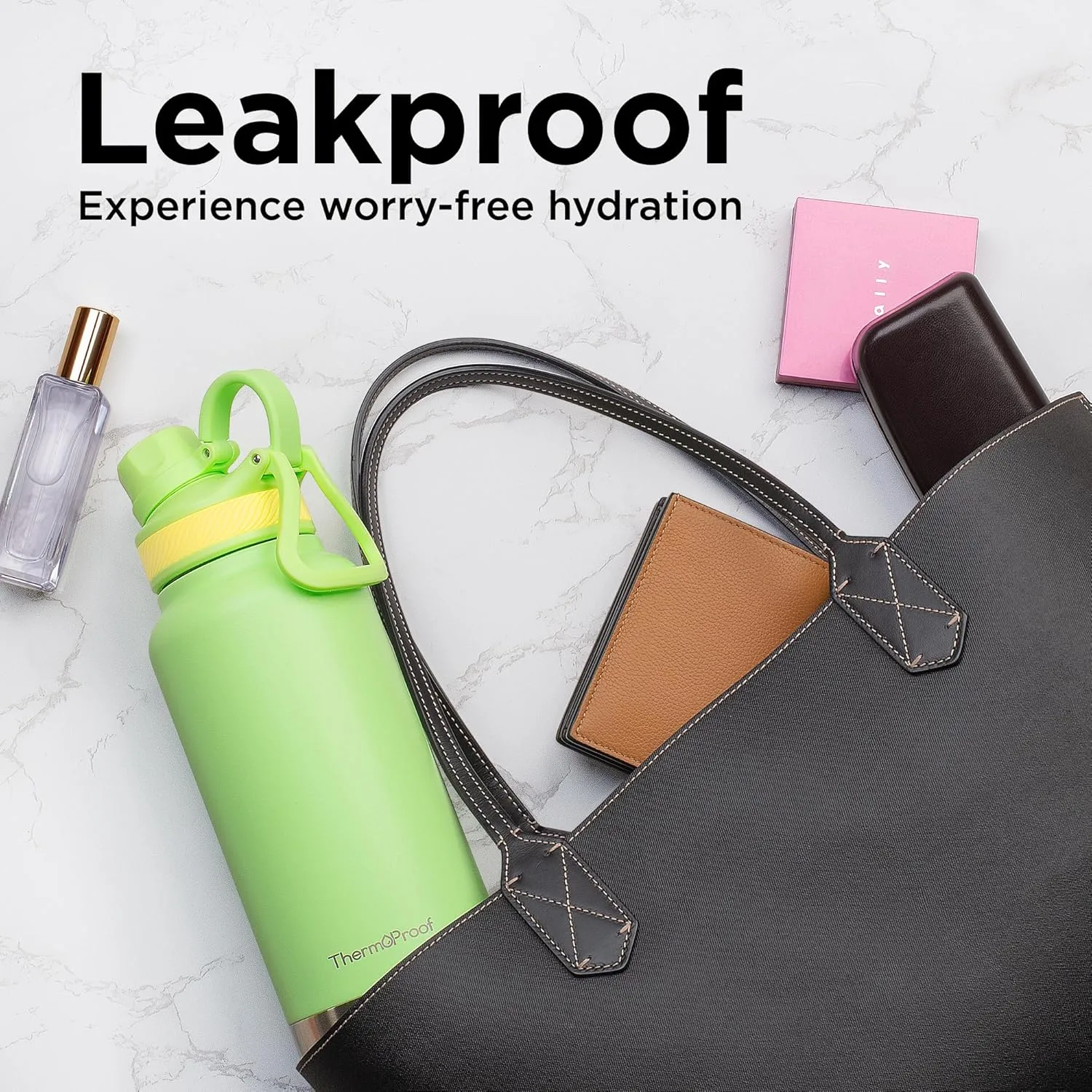 ThermoProof Double-Walled Vacuum Insulated Stainless Steel Water Bottle - Wide Mouth, Spout & Straw Lids, Dishwasher Safe, Reusable, Leakproof, Hot & Cold for Men, Women & Kids - 32oz, Fresh Mint