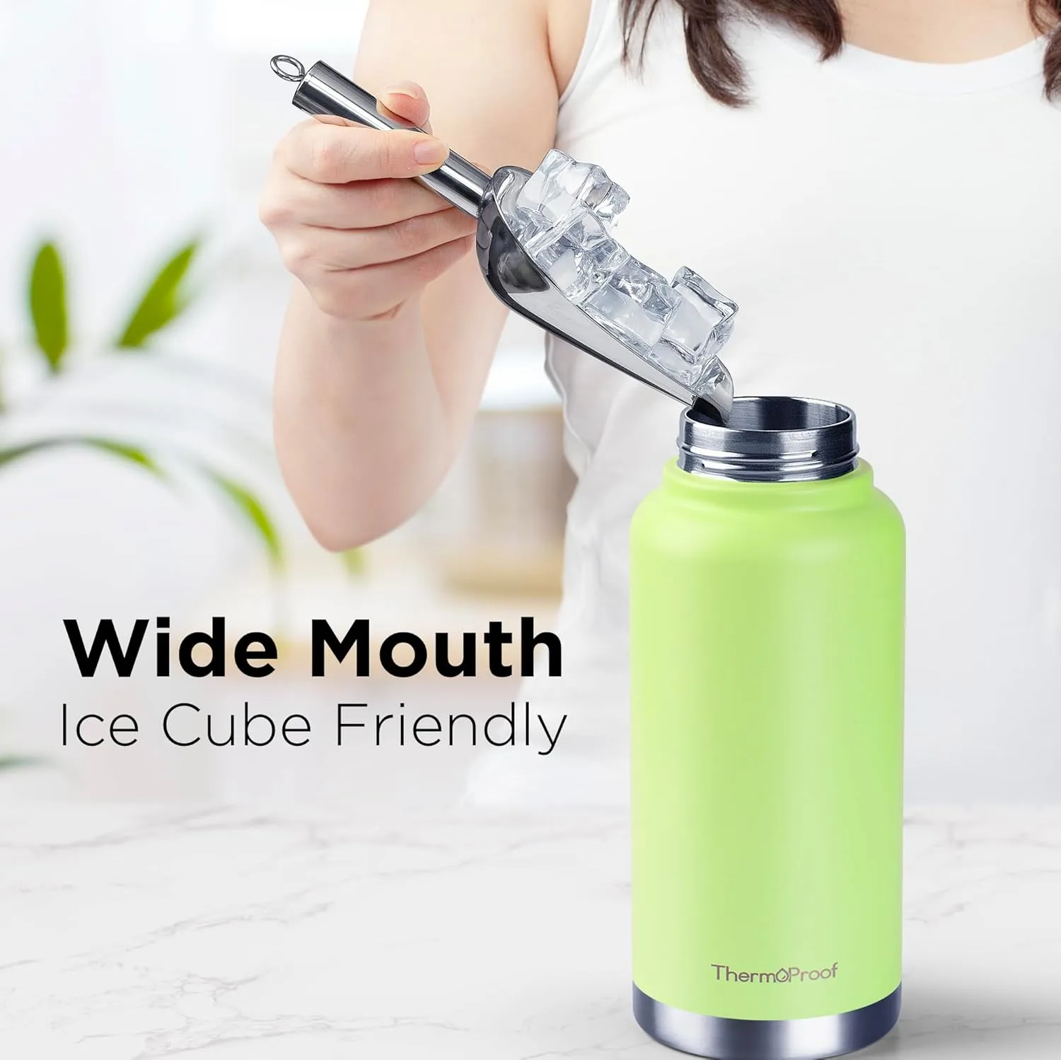 ThermoProof Double-Walled Vacuum Insulated Stainless Steel Water Bottle - Wide Mouth, Spout & Straw Lids, Dishwasher Safe, Reusable, Leakproof, Hot & Cold for Men, Women & Kids - 32oz, Fresh Mint