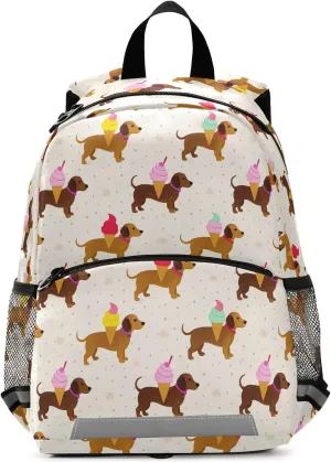 Toddler Backpack Kids Daypack, Dachshund Ice Cream Pattern Kindergartens Bookbag for Boys and Girls 3-6 Years with Safety Leash