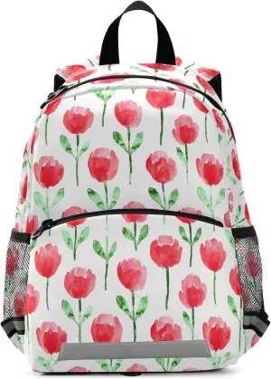 Toddler Backpack Kids Daypack, Watercolor Red Tulip Flower Pattern Kindergartens Bookbag for Boys and Girls 3-6 Years with Safety Leash