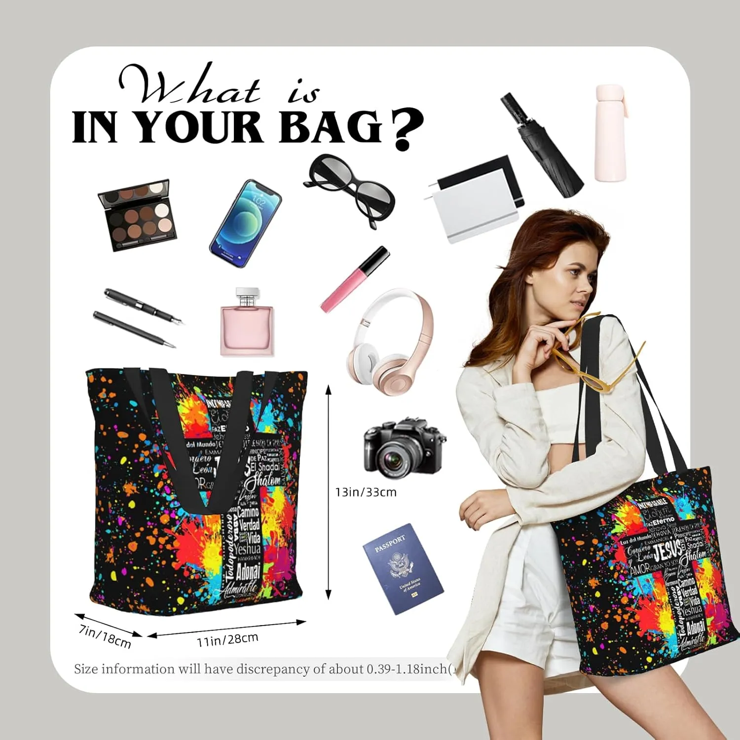 Tote Bag for Women Large Shoulder Bag with Zipper Pockets Stylish Print Handbags for Work Travel Shopping
